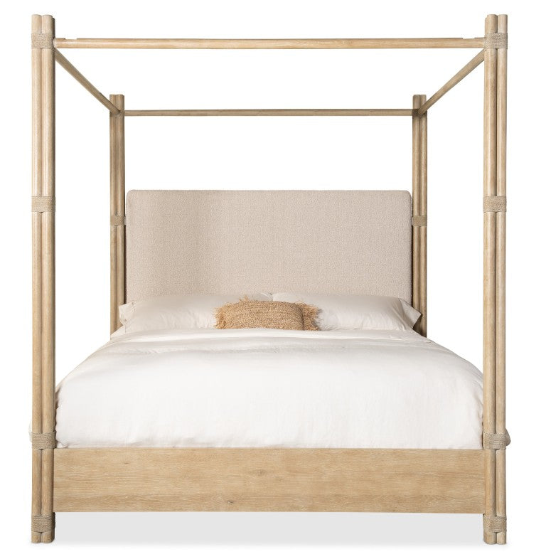 Hooker Furniture Retreat Cal King Upholstered Poster Bed With Canopy, Neo Cream Headboard, Rattan Poles & Distressed Oak 88.00 L x 81.50W x 90.00H 6950-90466-80