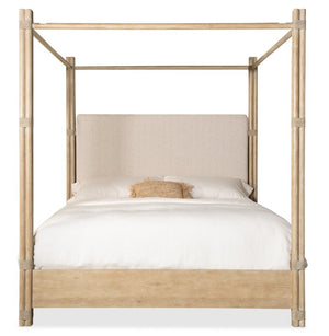 Hooker Furniture Retreat Cal King Upholstered Poster Bed With Canopy, Neo Cream Headboard, Rattan Poles & Distressed Oak 88.00 L x 81.50W x 90.00H 6950-90466-80
