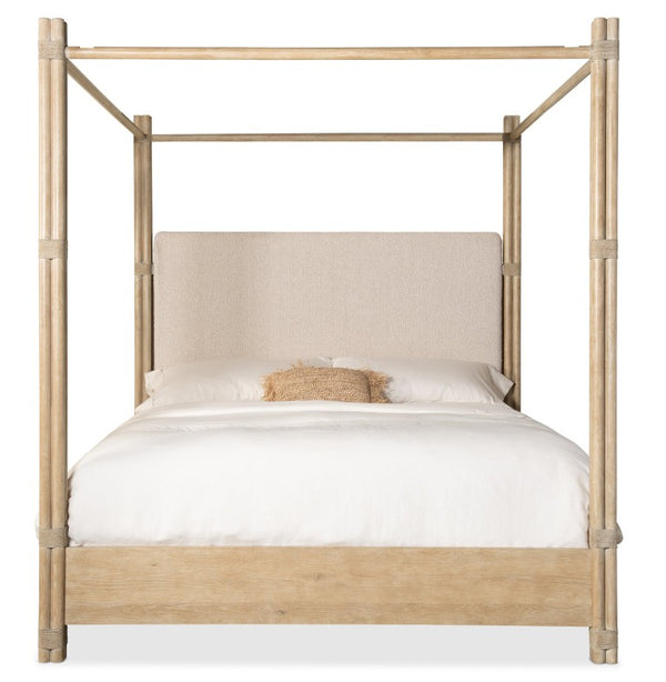 Hooker Furniture Retreat Cal King Upholstered Poster Bed With Canopy, Neo Cream Headboard, Rattan Poles & Distressed Oak 88.00 L x 81.50W x 90.00H 6950-90466-80