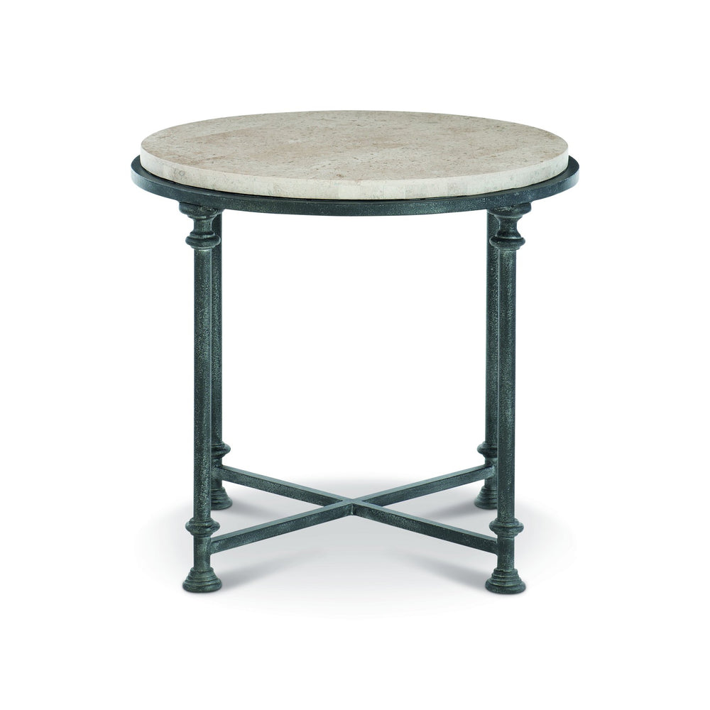 Bernhardt Bernhardt Sculptural Metal End Table With Cream Honed Stone Top And Architectural Column Base Antique Silver / Travertine Stone 26.75"W x 26.75"D x 24"H 537122