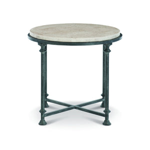 Bernhardt Bernhardt Sculptural Metal End Table With Cream Honed Stone Top And Architectural Column Base Antique Silver / Travertine Stone 26.75"W x 26.75"D x 24"H 537122