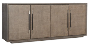 Hooker Furniture Modern Mood Entertainment Console With Quartered Oak Veneers, Raffia Doors, Soft-Close Storage & Power Medium Brown 6850-55482-89