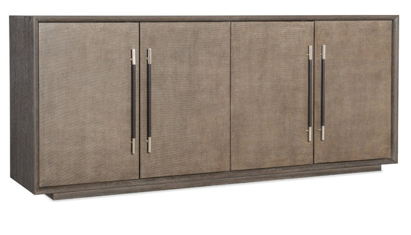 Hooker Furniture Modern Mood Entertainment Console With Quartered Oak Veneers, Raffia Doors, Soft-Close Storage & Power Medium Brown 6850-55482-89