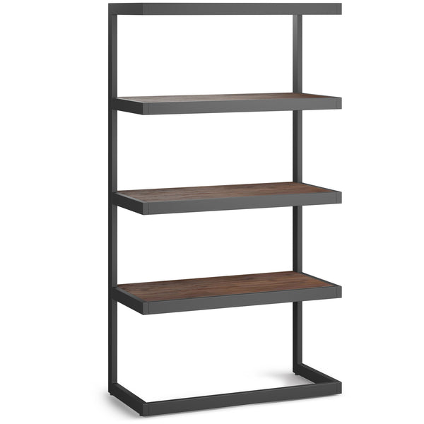 English Elm Erina Solid Acacia Bookcase with Distressed Charcoal Finish, 4 Open Shelves & Industrial Metal Frame Dark Brown B136P158620