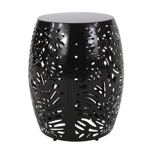 English Elm Metal Cylindrical Accent Table Powder Coated Iron with Tropical Palm Leaf Lattice Design Black 73613.00BLK