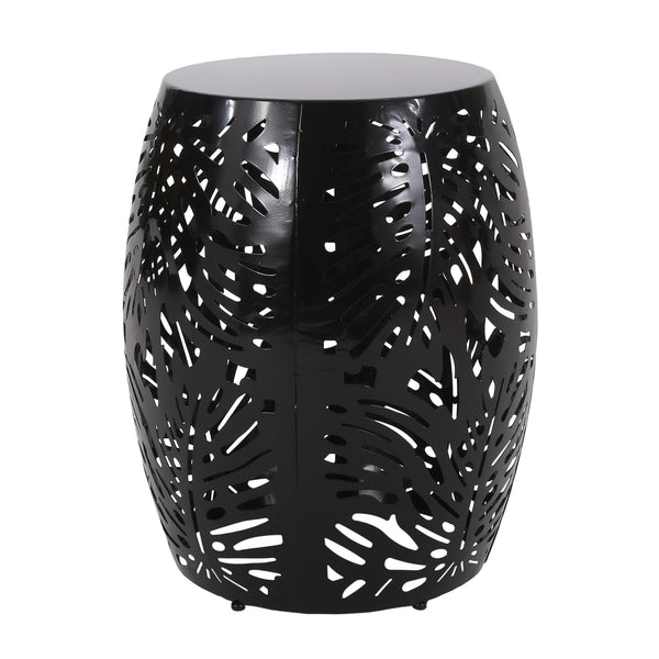 English Elm Metal Cylindrical Accent Table Powder Coated Iron with Tropical Palm Leaf Lattice Design Black 73613.00BLK