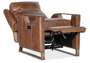 Hooker Furniture Relic Taupe Semi-Aniline Leather Power Recliner With Usb, Adjustable Headrest, Bustle Back & Wood Base Brown RC810-PH-082