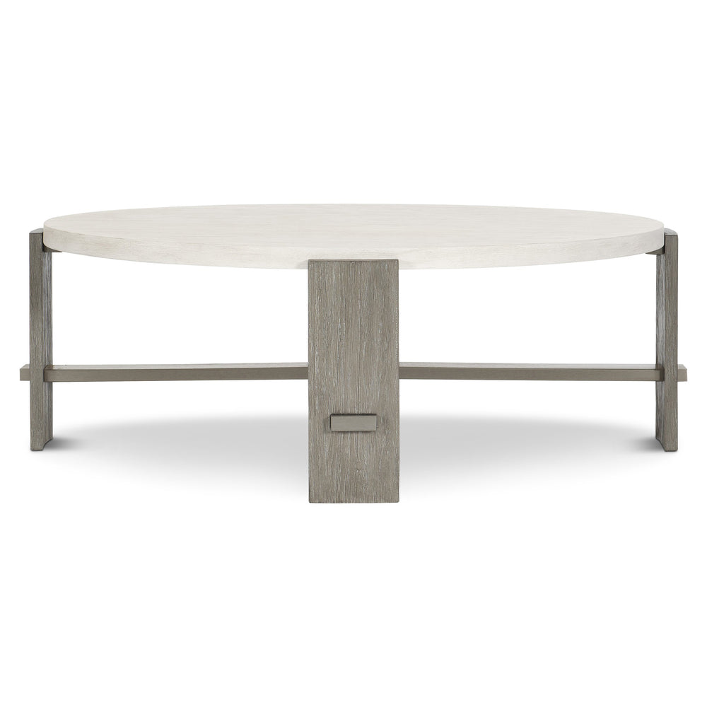 Bernhardt Bernhardt Foundations Cocktail Table With Two-Tone Cerused Acacia, Brushed Steel Accents, Soft-Close Drawers And Rustic Modern Flair Linen 49"W x 49"D x 17"H 306015