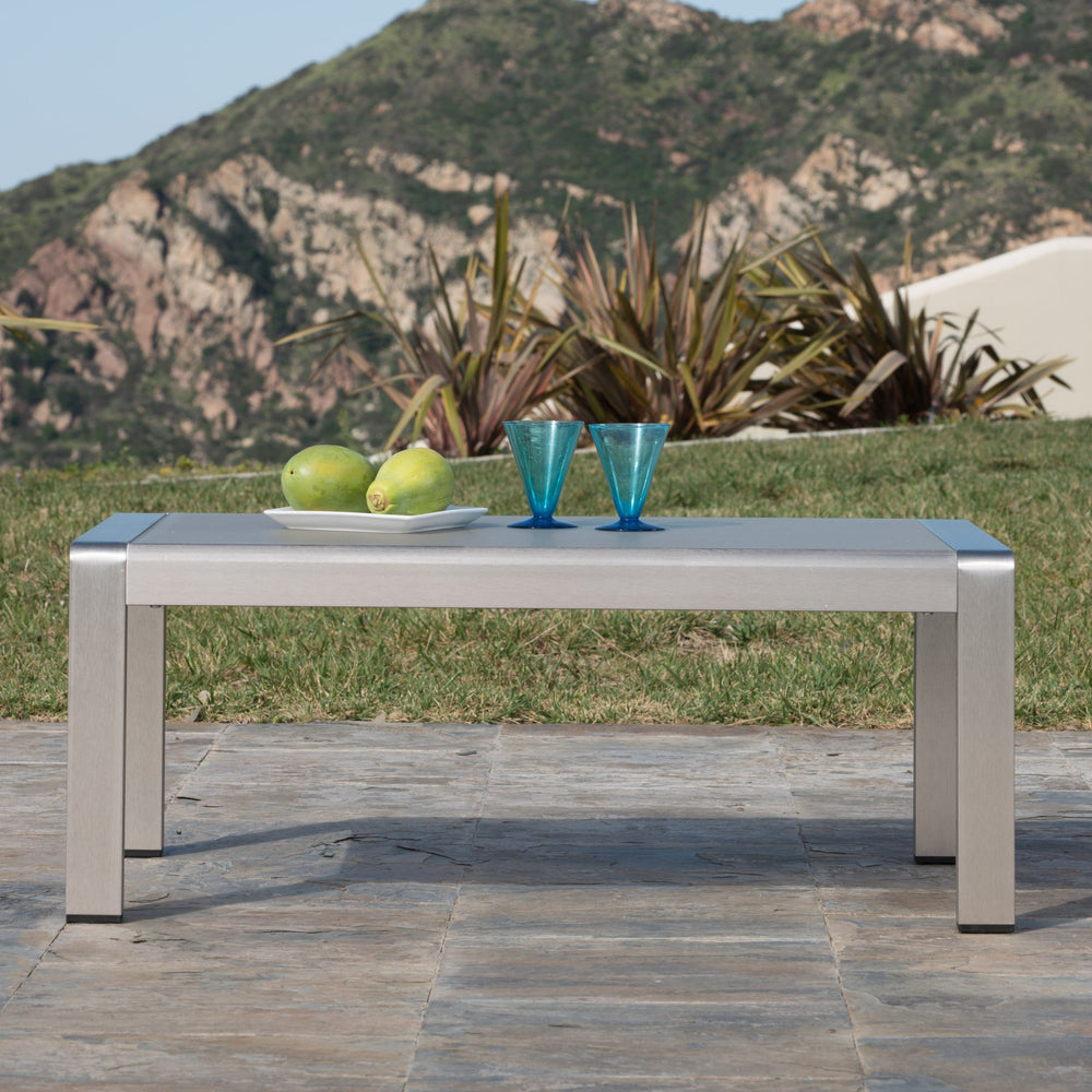 English Elm Cape Coral Outdoor Coffee Table Tempered Glass Top Aluminum Patio Lounge Silver 56349.00