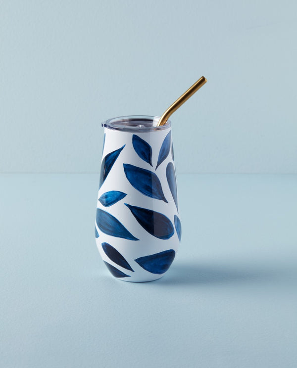 Lenox Blue Bay Leaf Pattern Stainless Steel Wine Tumbler With Straw Blue, BLUE METAL 895731