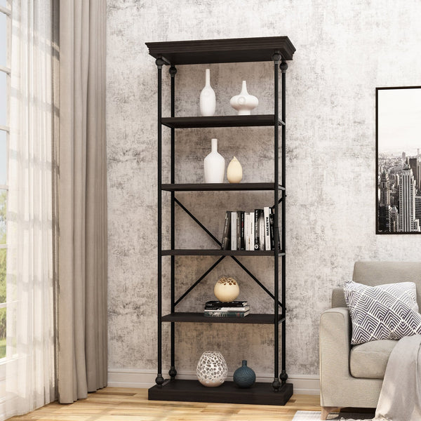 English Elm Christopher Knight Home® - Metal Pipe bookshelf with firwood shelves and X-frame iron support for industrial durable display decor Black 63818.00DWAL