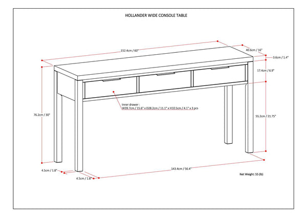 English Elm Hollander Solid Wood Wide Console Table – Handcrafted Warm Walnut, 3 Drawers, Contemporary 60" B136P158683