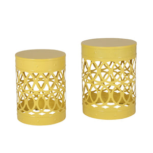 English Elm Outdoor Powder-coated Iron Nesting Accent Tables Set of 2 Laser-cut Circle Design Yellow 73606.00YLW
