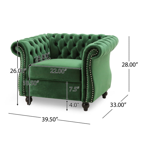English Elm Christopher Knight Home® - Chesterfield Velvet Club Chair with Birch Wood Legs — Luxurious Textures, Deep Comfort, Elegant Accent Seating Emerald 34.75 L x 34 W x 24.75 H 66583.00