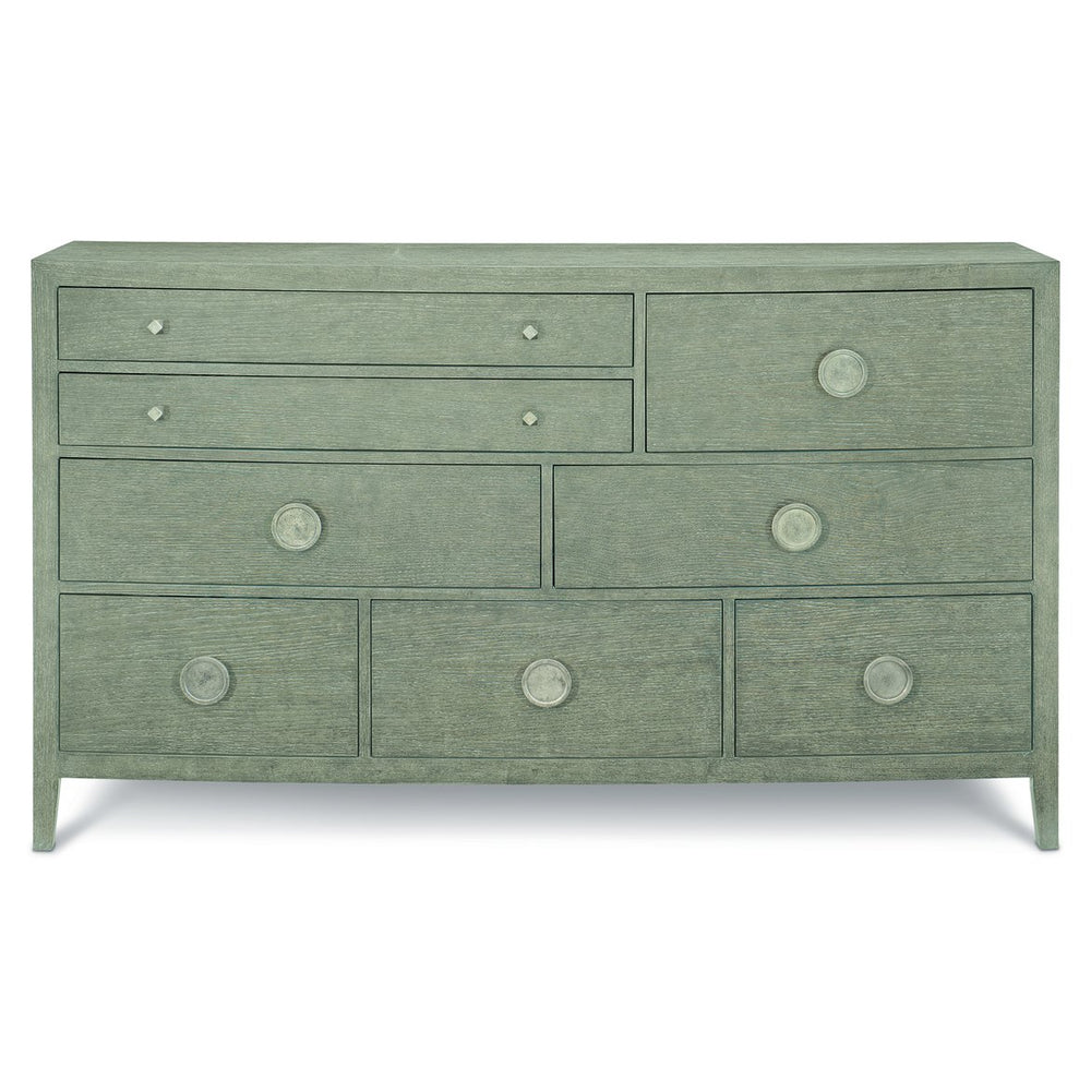 Bernhardt Bernhardt Linea Bowed-Front Dresser 68" — Rustic-Modern Oak Veneer, 8 Drawers, Textured Graphite Hardware 384054G