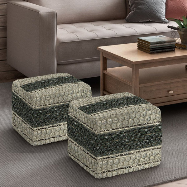 English Elm Grady Square Pouf - Artisan Woven Green & Natural Wool, Perfect Footstool And Accent Furniture B136P159323