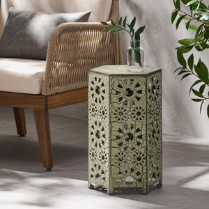 English Elm Eliana Wrought Iron Outdoor Side Table Sunburst Cutout Design for Patio and Balcony Green 60816.00CGRN