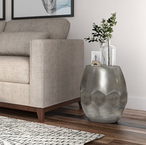 English Elm Flanigan Metal Accent Table with Handcrafted Honeycomb Drum Design in Antique Copper Finish, 19.5" H Gray B136P158969