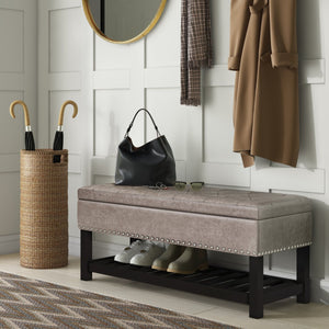 English Elm Lomond Storage Ottoman Bench - Distressed Grey Taupe With Tufting, Hidden Storage & Open Shelf B136P159125