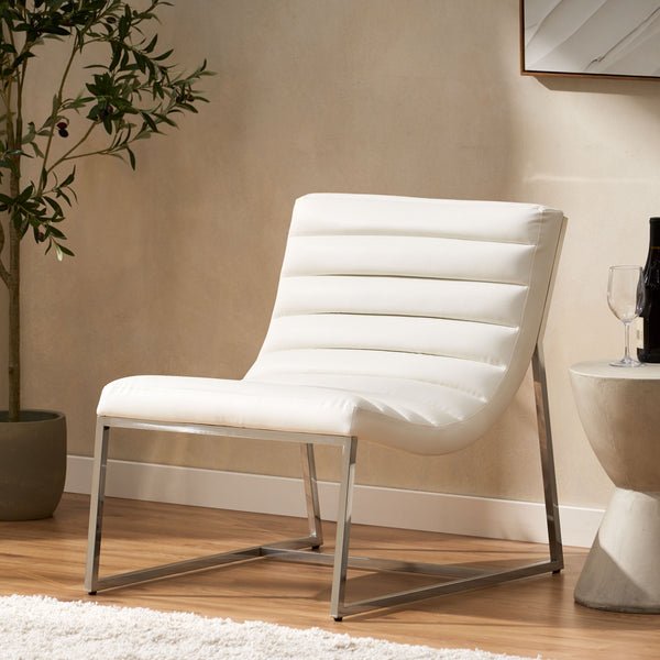 English Elm Christopher Knight Home® - WILMOUTH Parisian White Leather Sofa Chair with Chrome Steel Legs, Curved Back Accent Seating Elegance 53275.00