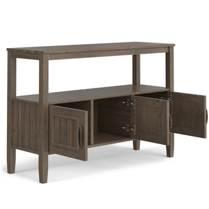 English Elm Lev Smoky Brown Console Table with 3 Doors, Open Shelf & Brushed Bronze Handles — Solid Wood Transitional Design B136P158815
