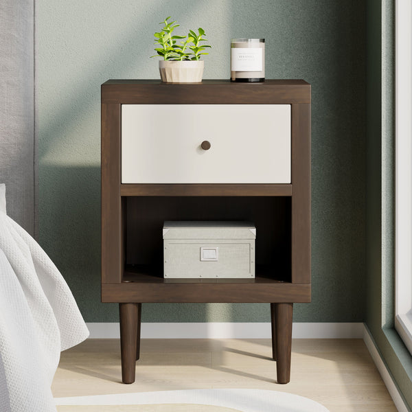 English Elm 1-drawer Nightstand with Splayed Rubberwood Legs and Open Shelf Mid-century Bedroom 72036.00