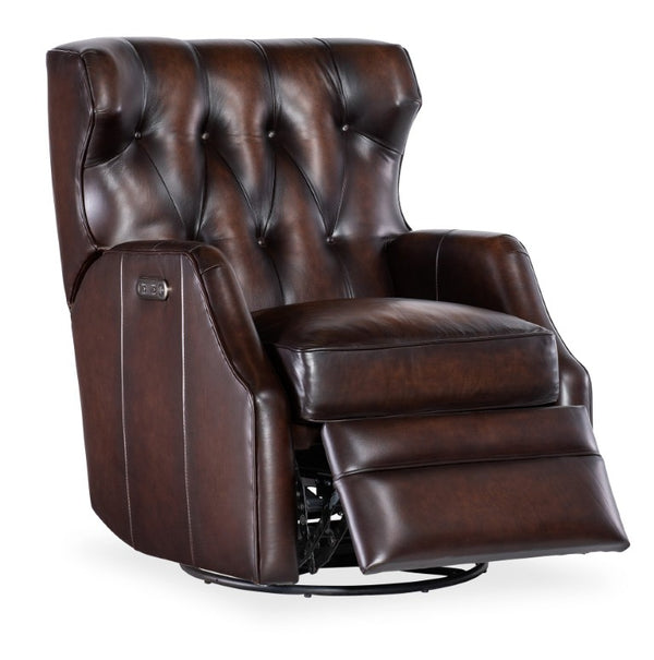 Hooker Furniture Henderson Power Swivel Glider Recliner In Vortex Top-Grain Leather, Button Tufted, Usb Port RC806-PSWGL-088