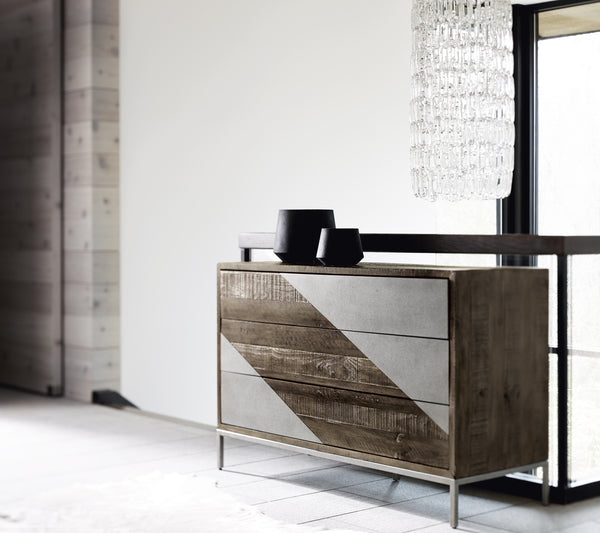 Bernhardt Bernhardt Distressed Pine Drawer Chest With Gray Mist Steel Accents, Push-To-Open Drawers, 50"W X 19"D X 32"H 303115B