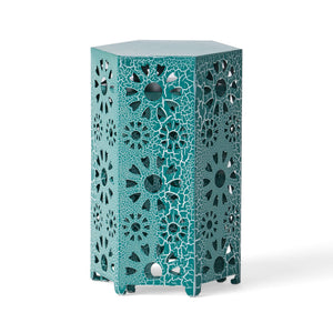 English Elm Eliana Outdoor Iron Nesting Side Tables with Sunburst Cutout and Crackle Finish Patio Accent Set Teal 69740.00CT