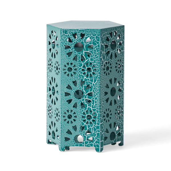 English Elm Eliana Outdoor Iron Nesting Side Tables with Sunburst Cutout and Crackle Finish Patio Accent Set Teal 69740.00CT