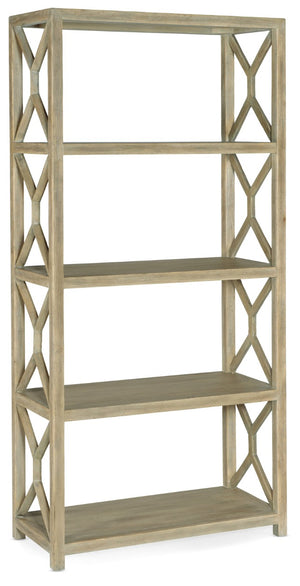 Hooker Furniture Surfrider Etagere Driftwood Finish — Coastal 4-Shelf Solid Wood Display With Geometric Fretwork & Distressed Charm 6015-10443-80