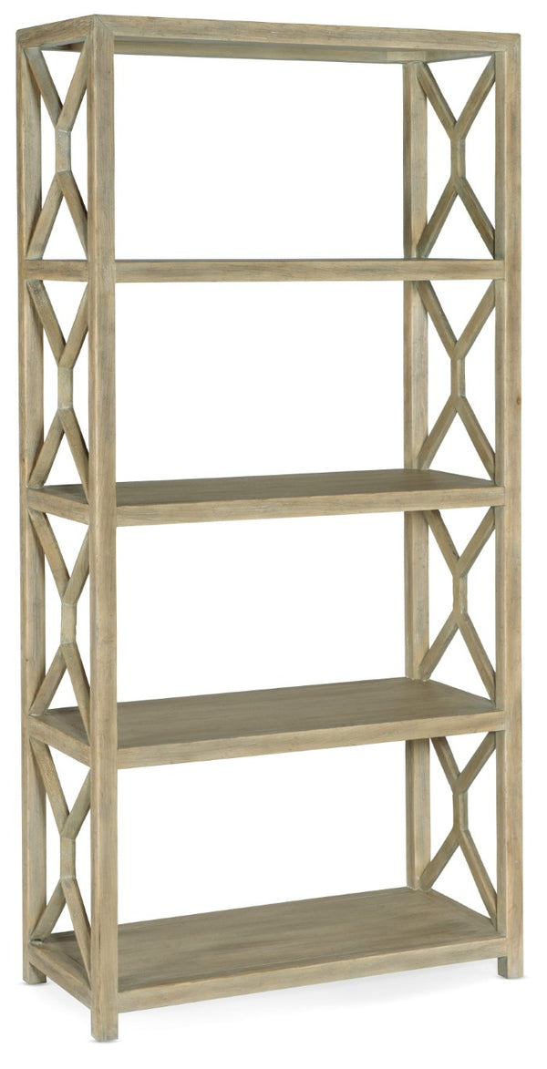 Hooker Furniture Surfrider Etagere Driftwood Finish — Coastal 4-Shelf Solid Wood Display With Geometric Fretwork & Distressed Charm 6015-10443-80