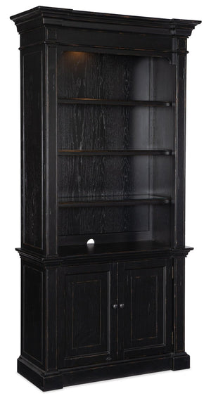 Hooker Furniture Bristowe Tuxedo Black Bookcase With Warm Brown Accents, Adjustable Shelves & Integrated Lighting, 85" 5971-10445-99