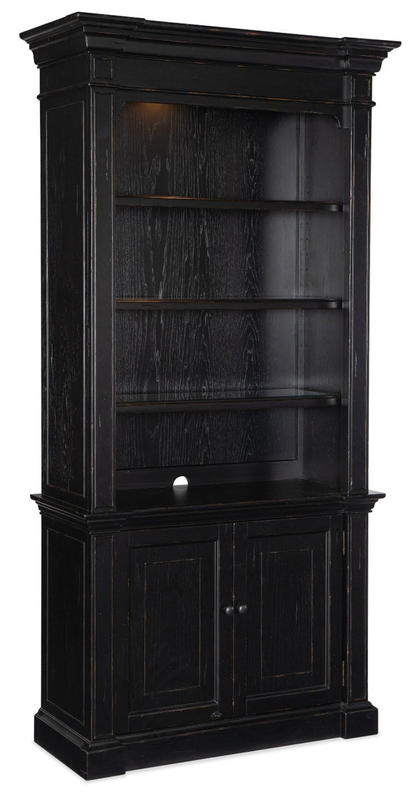 Hooker Furniture Bristowe Tuxedo Black Bookcase With Warm Brown Accents, Adjustable Shelves & Integrated Lighting, 85" 5971-10445-99