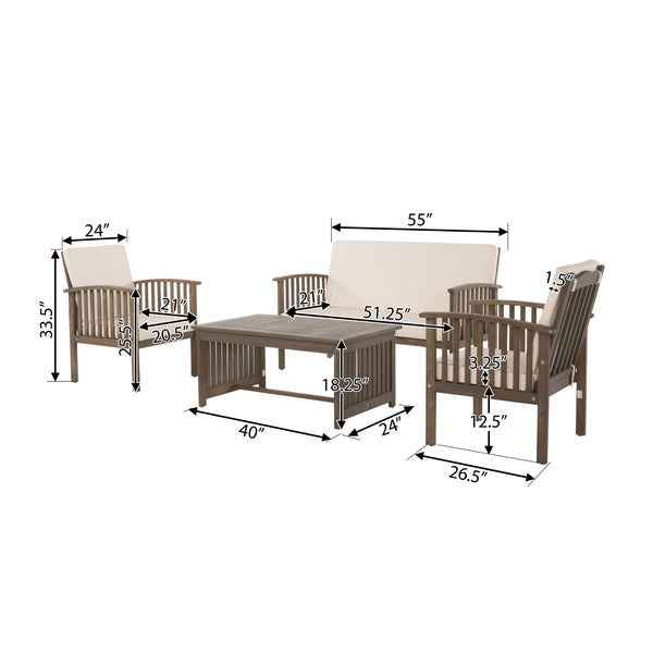 English Elm 4pc Outdoor Chat Set Solid Acacia Wood Loveseat Club Chairs and Coffee Table Patio Grey+Cream 59116.00GRY