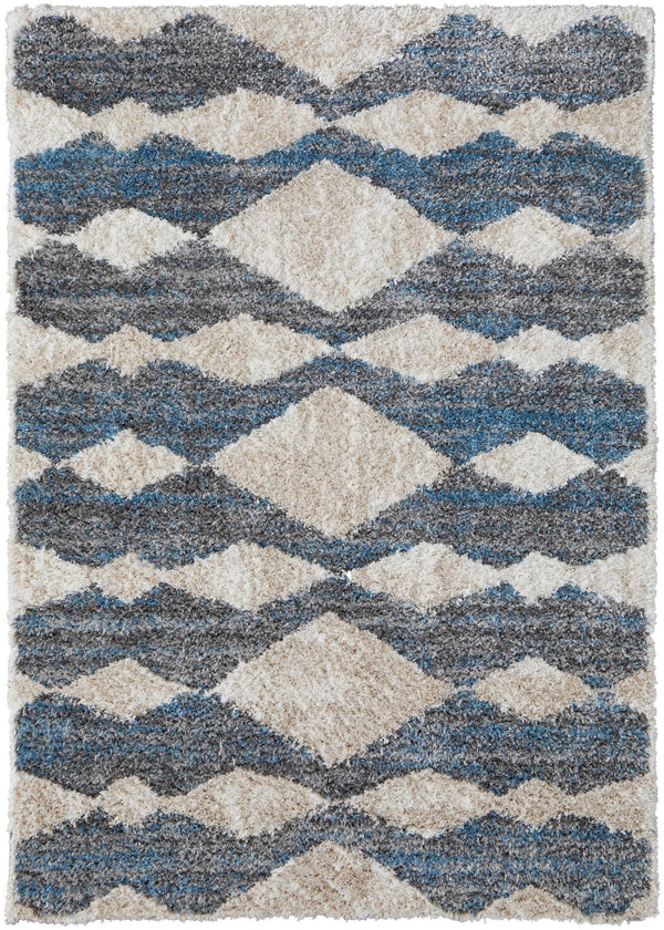 Feizy Rugs Mynka High-pile Geometric Area Rug - Pet-friendly, Stain Resistant, Stylish For High Traffic Spaces Ivory,Gray,Blue Polyester Myn39iffblugryp00