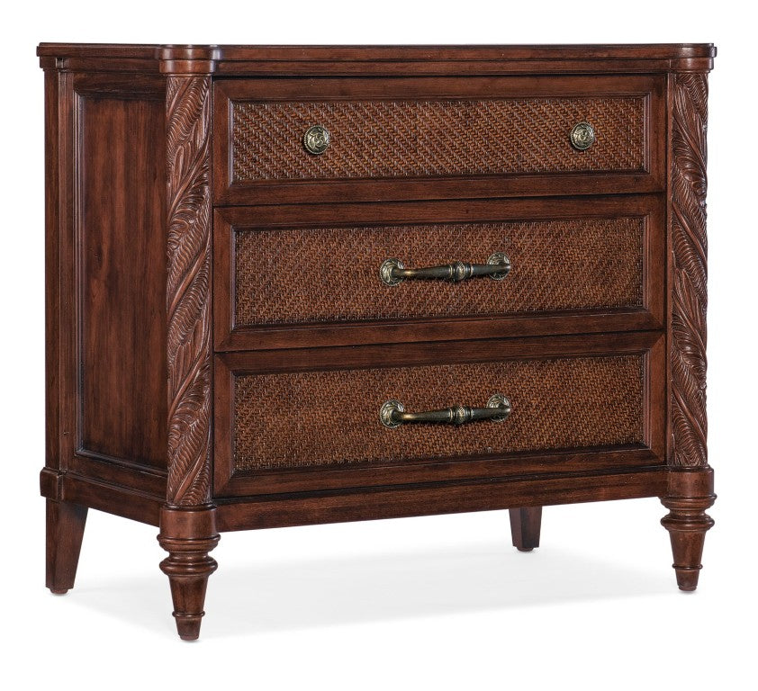 Hooker Furniture Charleston Three-Drawer Nightstand With Cane Fronts, Cherry Walnut Veneers, Usb Charging & Carved Accents 6750-90316-85