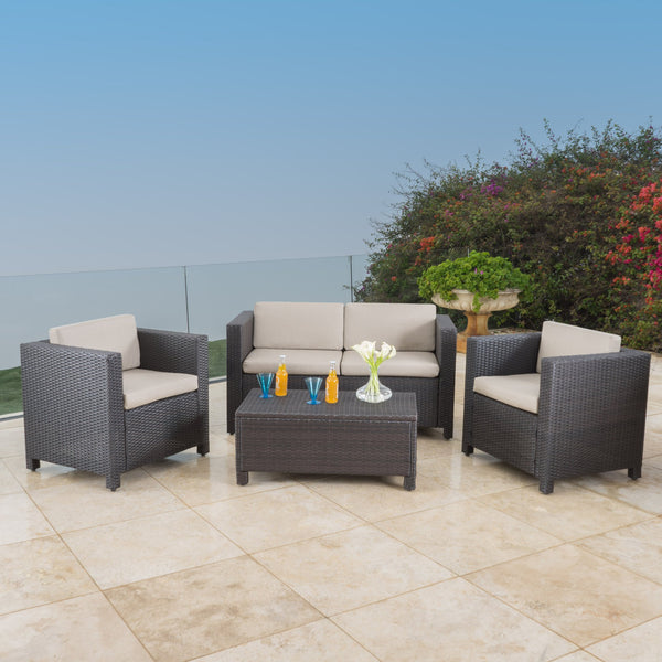English Elm Puerta 4 Piece Outdoor Patio Set Pe Wicker Rattan with Iron Frame Cushioned Seating 52978.00DBRN