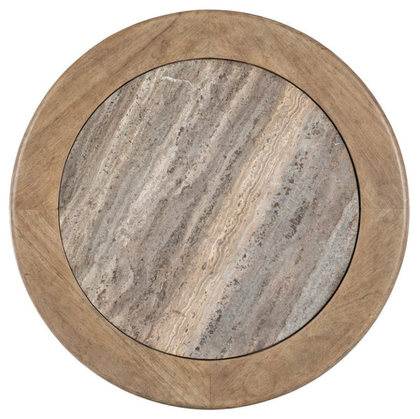 Hooker Furniture Vineyard Round Pedestal End Table With Honed Travertine Top & Sonoma Wood Base — Coastal Charm Design 6952-80216-80