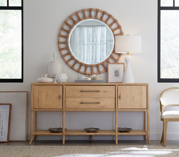 Hooker Furniture Retreat Pole Rattan Sideboard With Rope Accents, Dune Oak Veneer, Soft Pewter Hardware & Storage Light Wood 6950-75917-80
