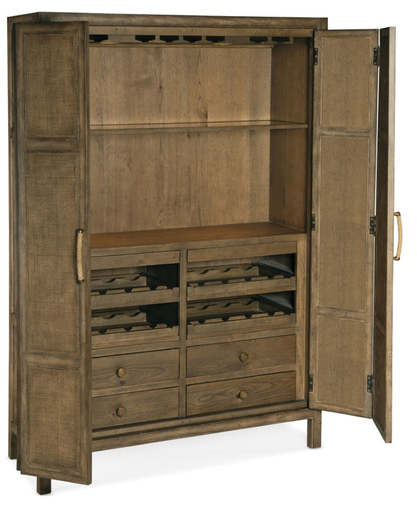 Hooker Furniture Sundance Rattan Bar Cabinet With Pecan Veneer, Integrated Lighting, Pull-Out Shelves & Wine Storage 6015-75160-89