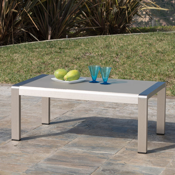 English Elm Cape Coral Outdoor Coffee Table Tempered Glass Top Aluminum Patio Lounge Silver 56349.00