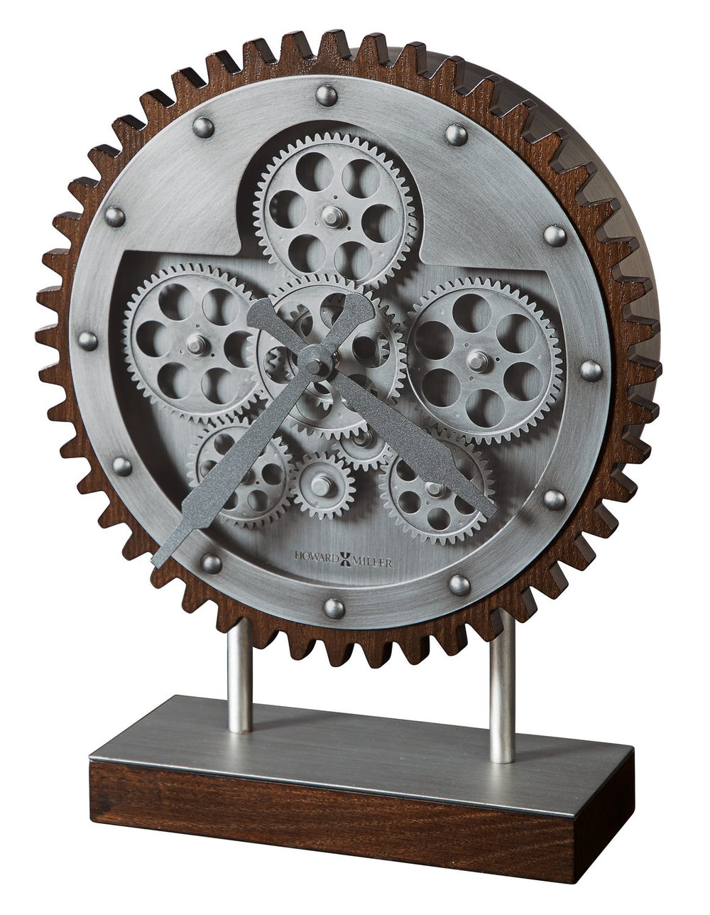 Hekman Furniture 635249 Stunning Antique Silver-finished Mantel Clock With Dynamic Moving Gears And Wood Base  Hamish Accent Clock 635249