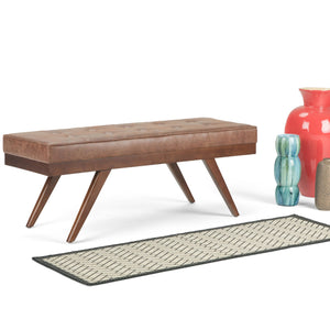 English Elm Pierce Mid Century Ottoman Bench with Distressed Vegan Faux Leather, Tufted Cushion & Solid Wood Base Light Brown B136P159227