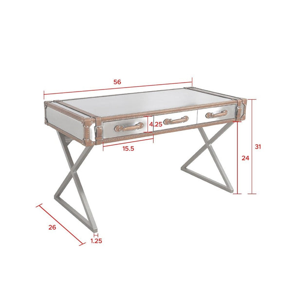 Pasargad Home Brookline Steel & Leather Writing Desk - Elegant, Durable Design For Modern Workspaces Brown Stainless Desk-0092