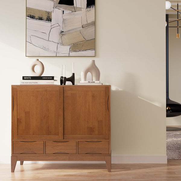 English Elm Harper 48" Solid Hardwood Mid-Century Storage Cabinet with Sliding Doors, Drawers, Eco Finish Light Brown B136P158711