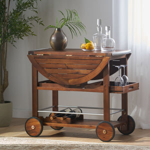 English Elm Christopher Knight Home® - BAR Tillary Outdoor Acacia Wood Drop-Leaf Bar Cart with Wine Rack, Drawers & Aluminum Wheels, Oak 60987.00