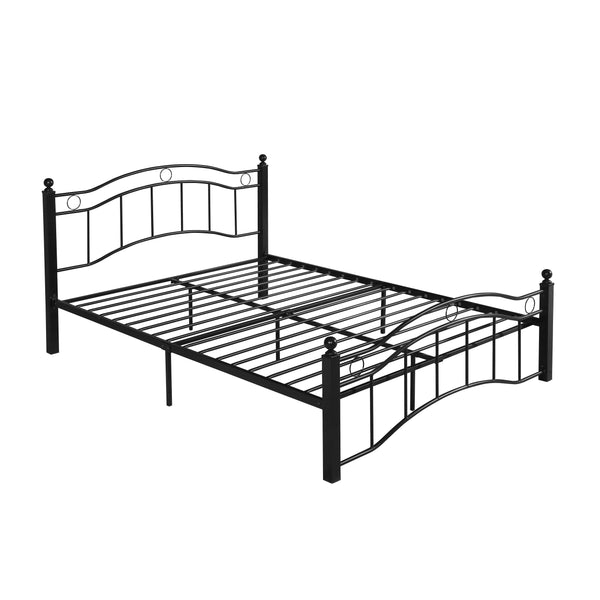 English Elm Queen Iron Platform Bed Camelback Headboard Geometric Finial Posts Victorian Loft Style Black 63298.00FBLK-Q