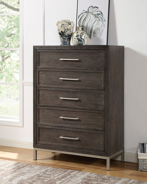 English Elm Steve Silver - Broomfield 5-Drawer Chest in Walnut Brown with Champagne Hardware, Picture Frame Molding, Smooth Glides B081P157612