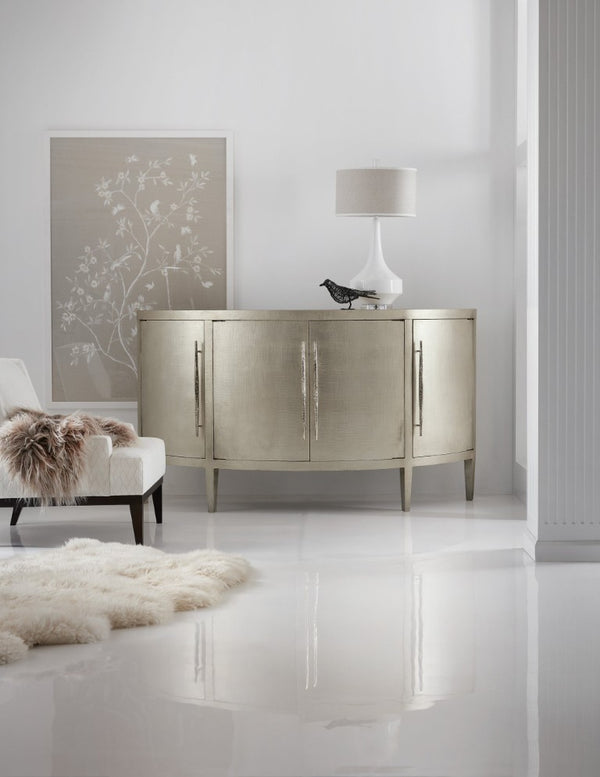 Hooker Furniture Melange Amberly Credenza With Champagne Silver Leaf Linen Finish, Taupe Interior, Textured Bar Pulls 638-85555-95